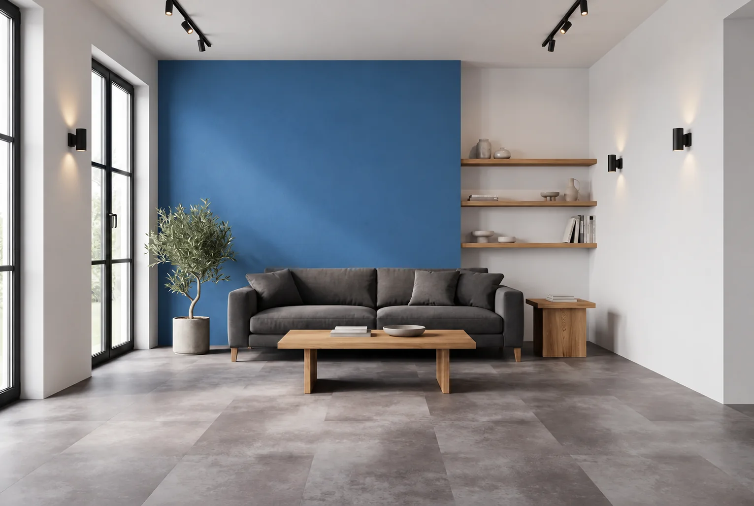 Wohnraum mit horizontblau gestrichener Akzentwand, grauem Sofa und Holzmöbeln – Farbvisualisierung