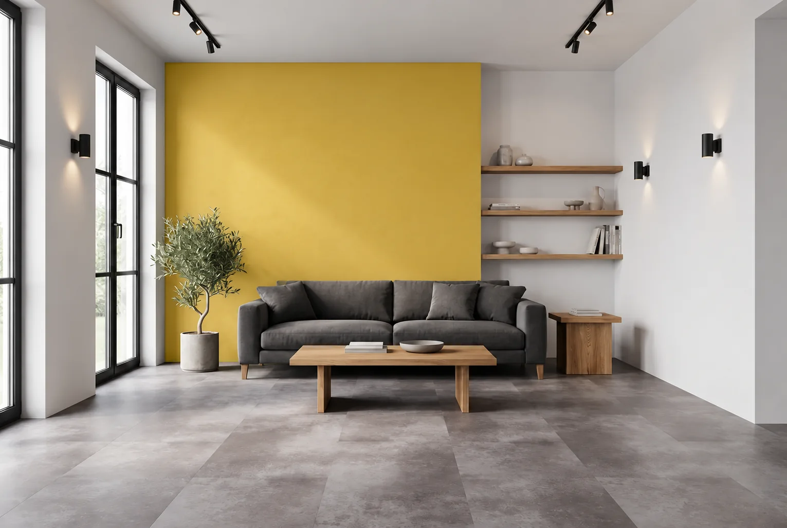 Wohnraum mit sonnengelb gestrichener Akzentwand, grauem Sofa und Holzmöbeln – Farbvisualisierung