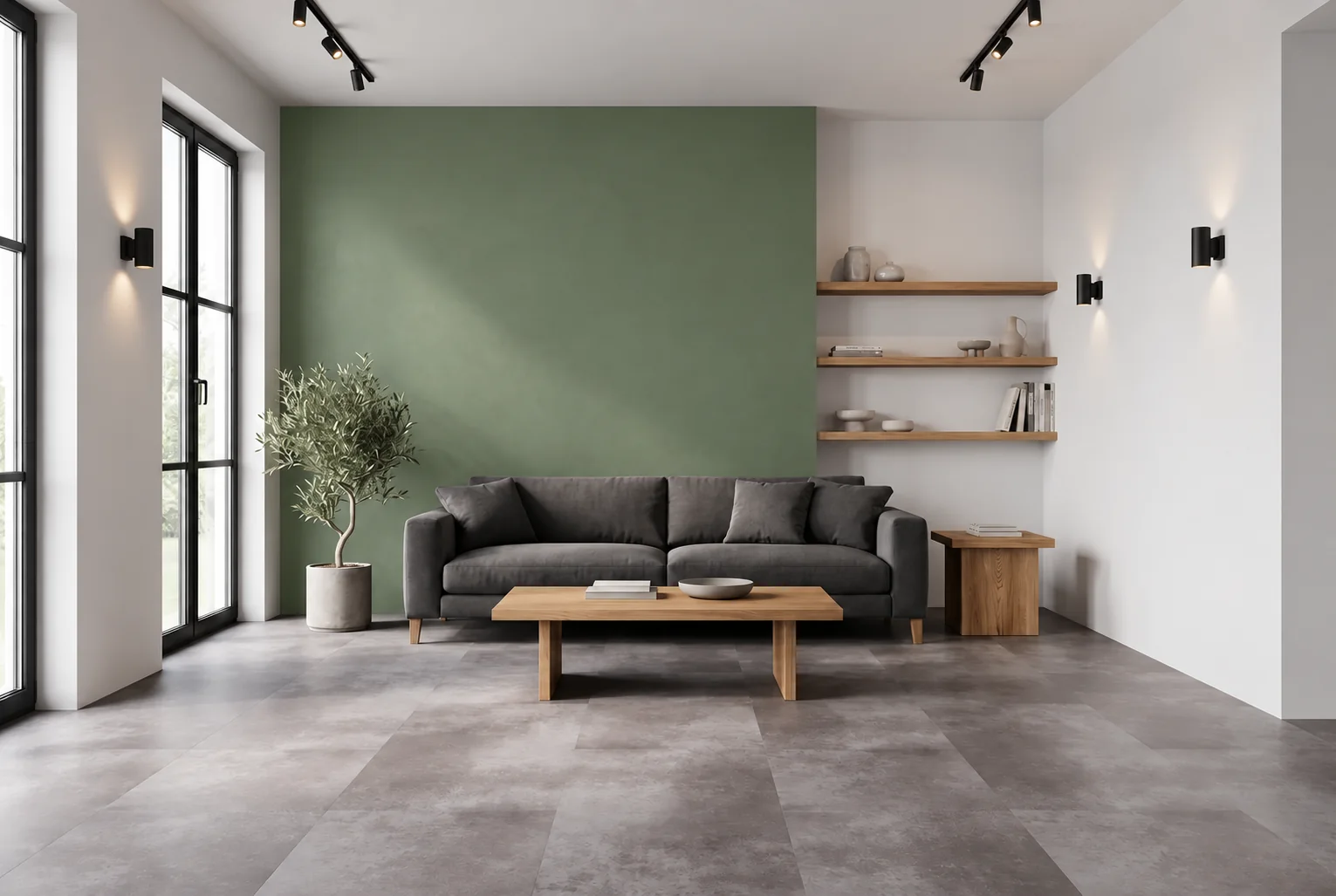 Wohnraum mit blattgrün gestrichener Akzentwand, grauem Sofa und Holzmöbeln – Farbvisualisierung
