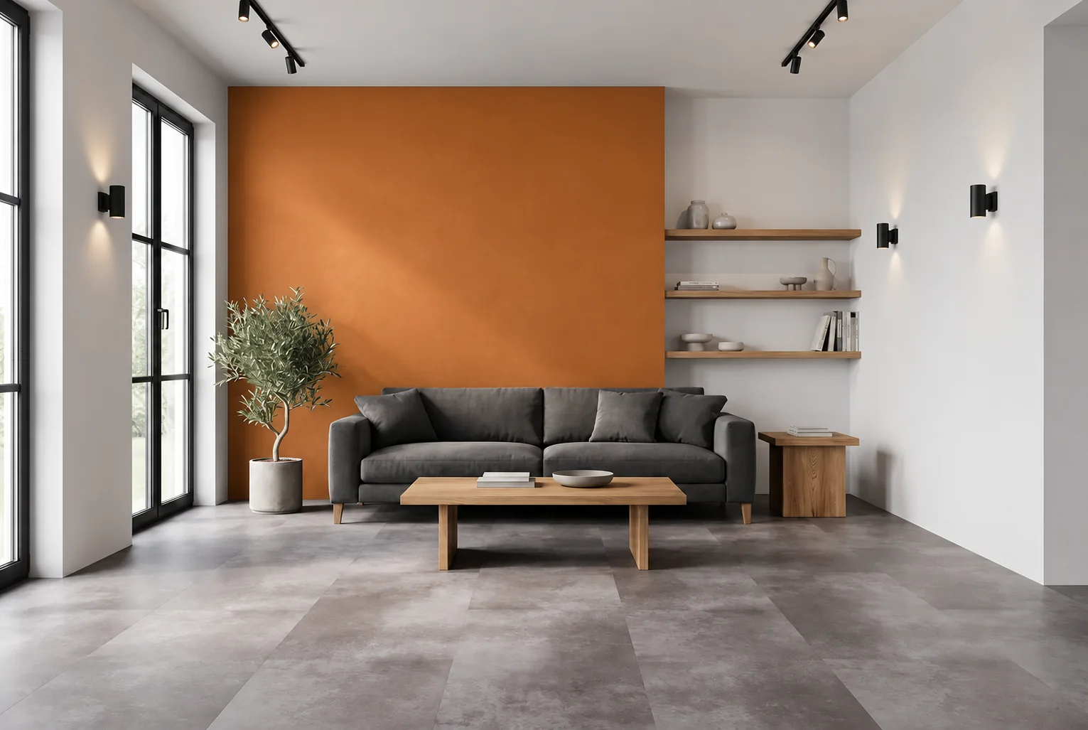 Wohnraum mit aprikose gestrichener Akzentwand, grauem Sofa und Holzmöbeln – Farbvisualisierung