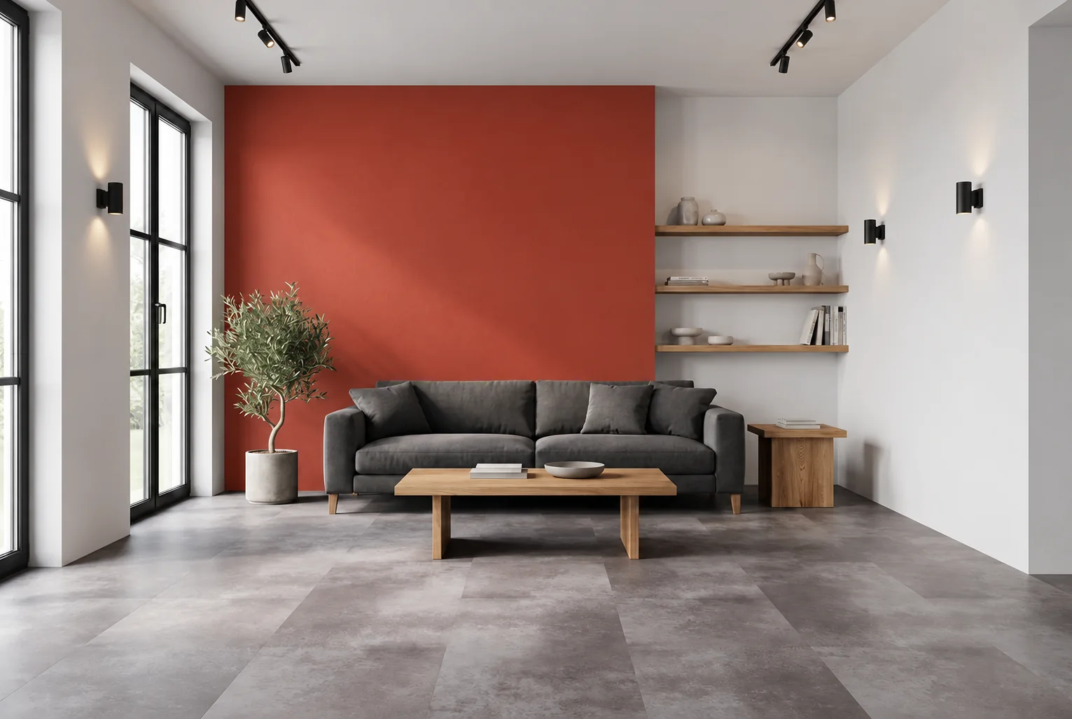 Wohnraum mit ziegelrot gestrichener Akzentwand, grauem Sofa und Holzmöbeln – Farbvisualisierung